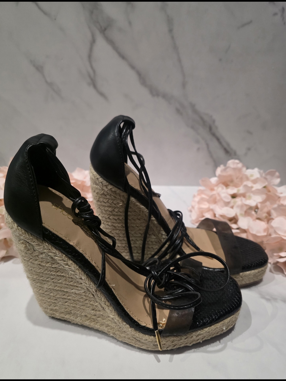 Shoe Dazzle - Black Lace-Up Espadrille Wedge Sandals